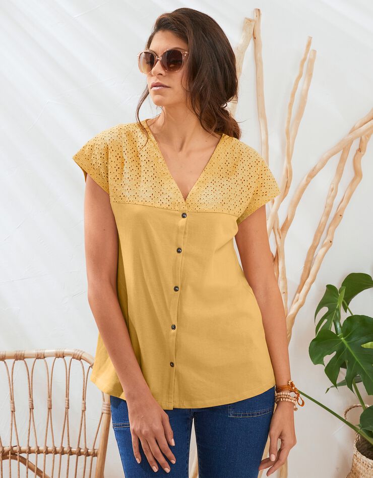 Tee-shirt boutonné, broderie anglaise (safran) Tee-shirt boutonné, broderie anglaise (safran)