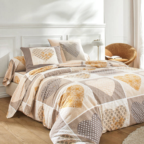 Linge de lit Lovely en flanelle imprimé coeurs  (beige / caramel)