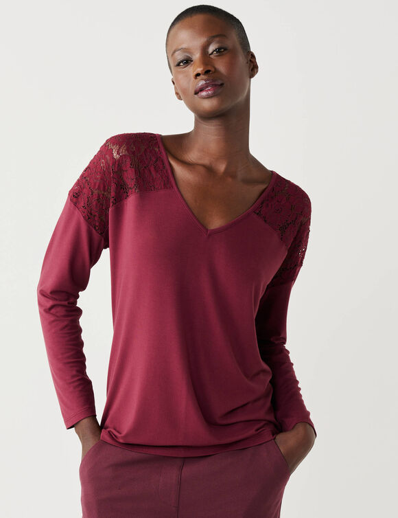 T-shirt col V manches longues dentelle (bordeaux)