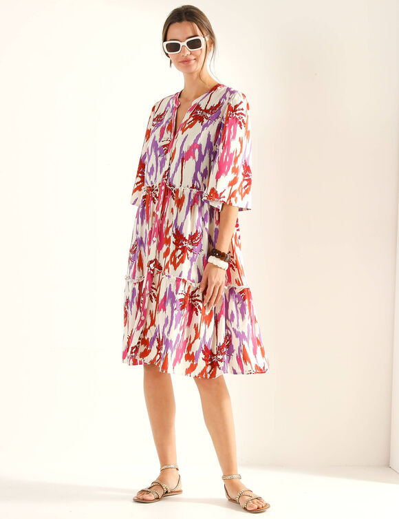 Robe col tunisien imprim&eacute;e, manches &eacute;vas&eacute;es (&eacute;cru / violet)