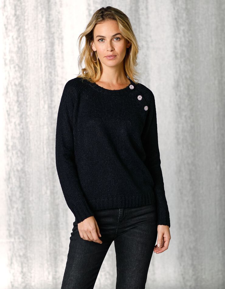 Pull épaule boutonnée bijoux (noir) Pull épaule boutonnée bijoux (noir)