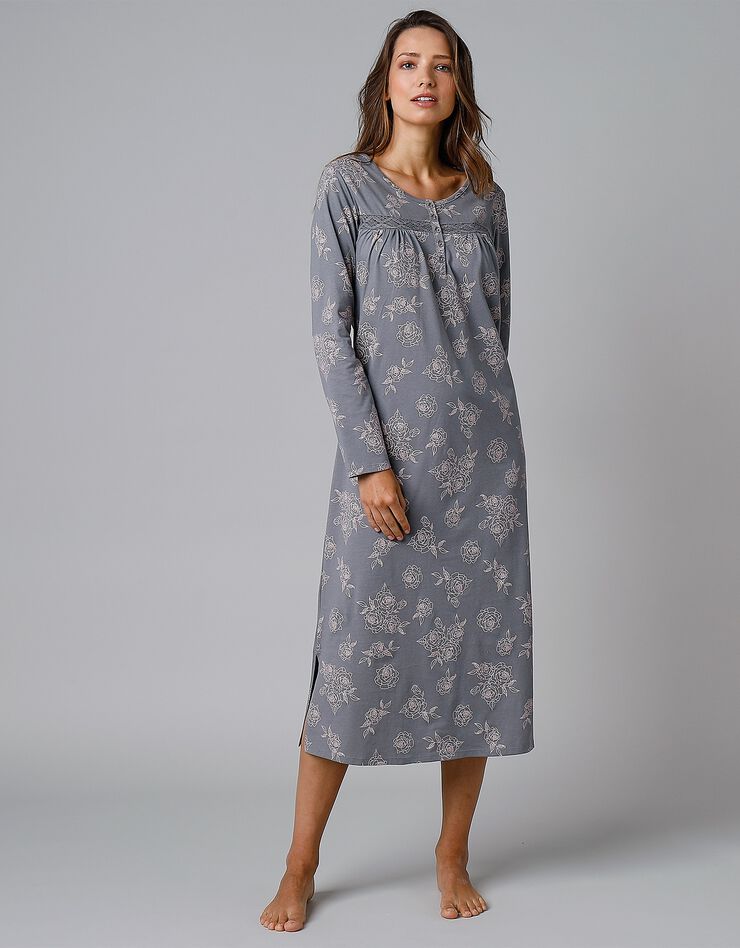 Chemise de nuit longue manches longues imprimée "roses" (gris / rose)