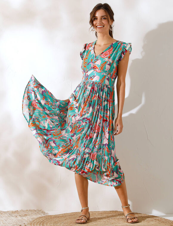 Robe longue imprimée, sans manches (vert / rose)