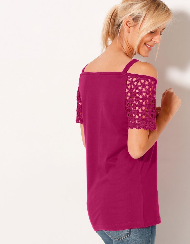 Tee-shirt macramé épaules dénudées (framboise) Tee-shirt macramé épaules dénudées (framboise)