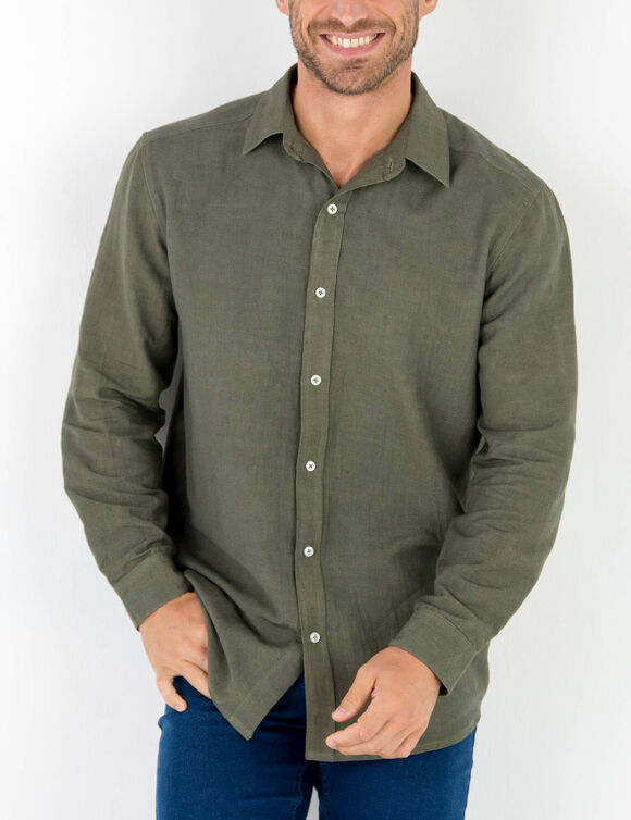 Chemise coton lin manches longues boutonn&eacute;e (kaki)