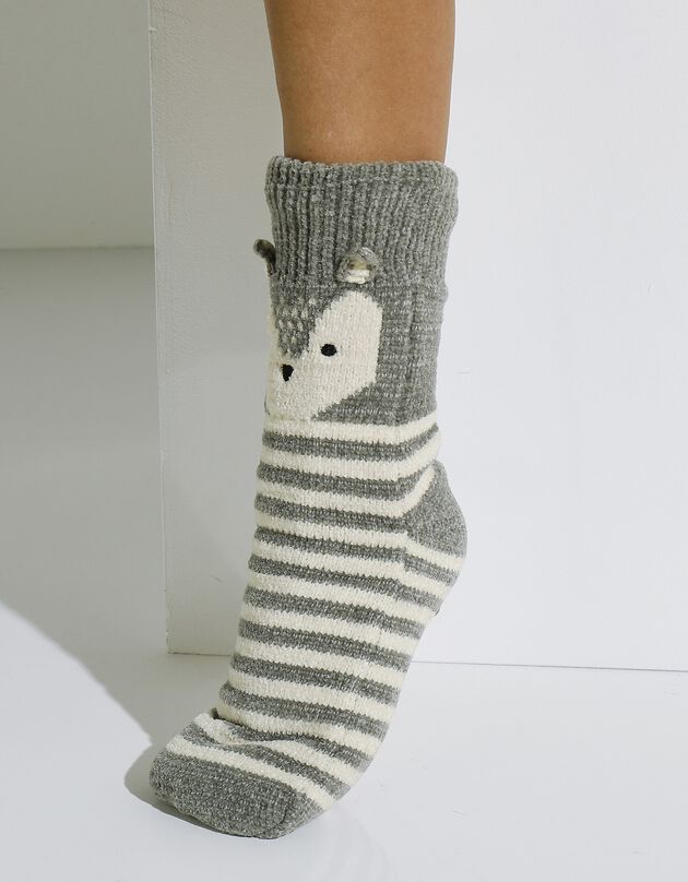 Chaussons-chaussettes maille chenille fourrés - renard (gris)