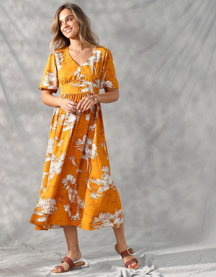 Robe longue imprimée, manches évasées  (safran / blanc)