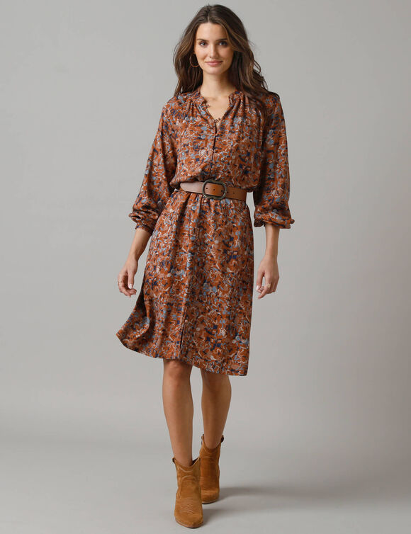Robe chemisier boutonnée imprimée (caramel / bleu)
