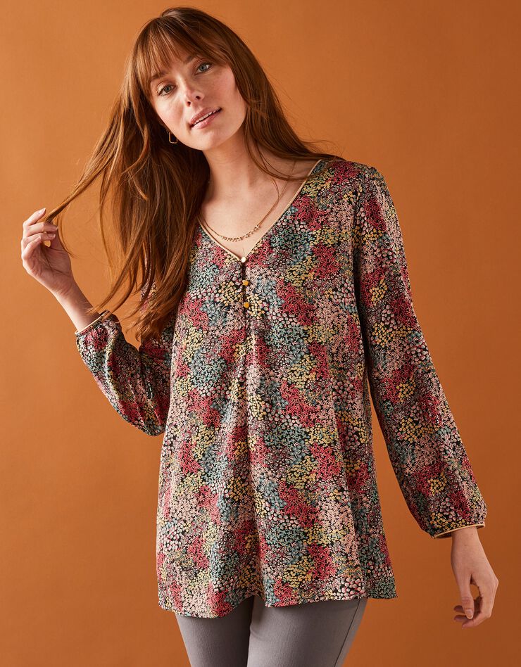 Blouse évasée détails dorés imprimé fleurs (bois de rose / rose) Blouse évasée détails dorés imprimé fleurs (bois de rose / rose)
