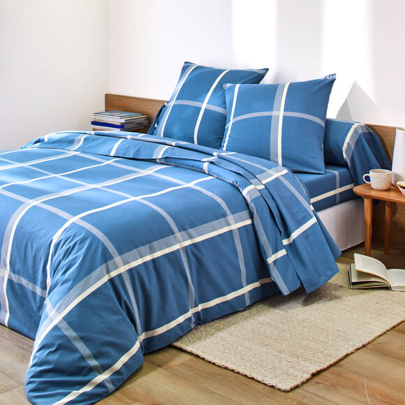 Linge de lit C&eacute;sar en coton imprim&eacute; carreaux (bleu)