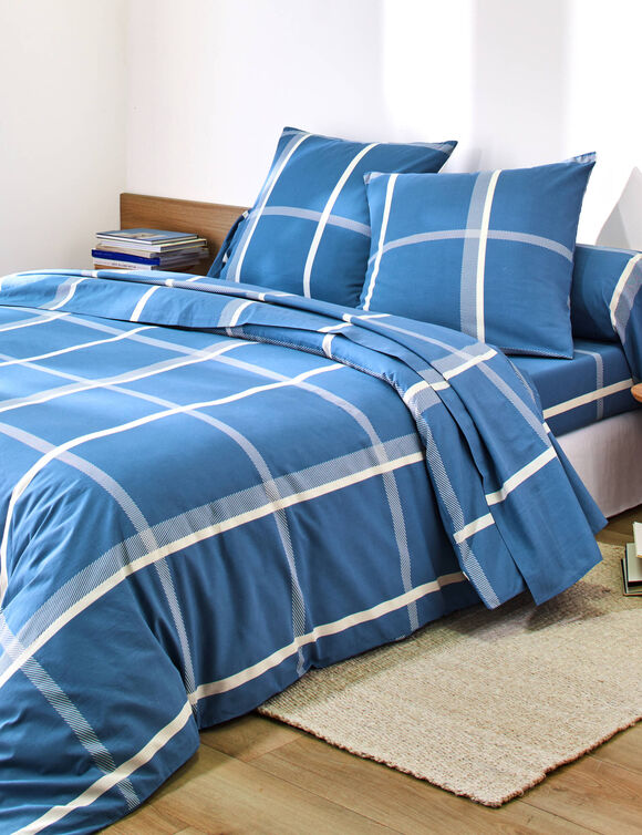 Linge de lit C&eacute;sar en coton imprim&eacute; carreaux (bleu)