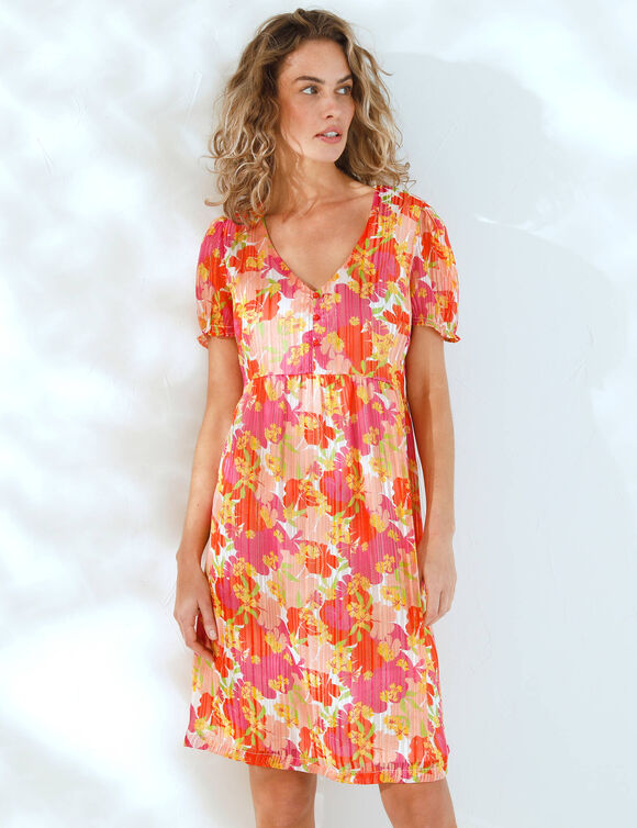 Robe courte imprimée grandes fleurs, voile fils brillants (rouge / violine)