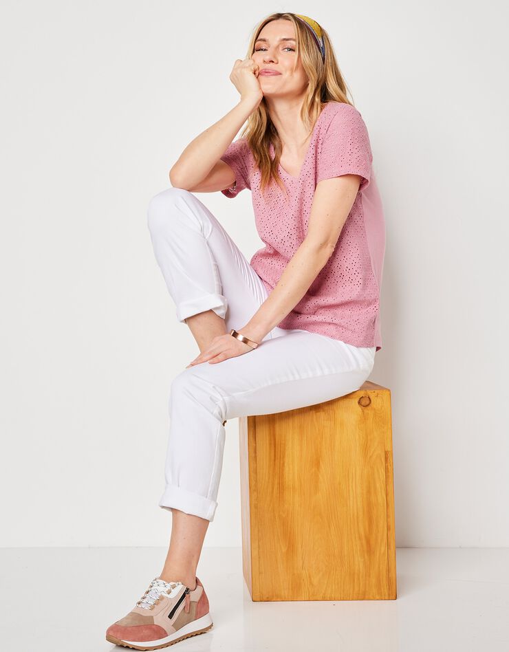 Tee-shirt col V broderie anglaise (rose grisé) Tee-shirt col V broderie anglaise (rose grisé)