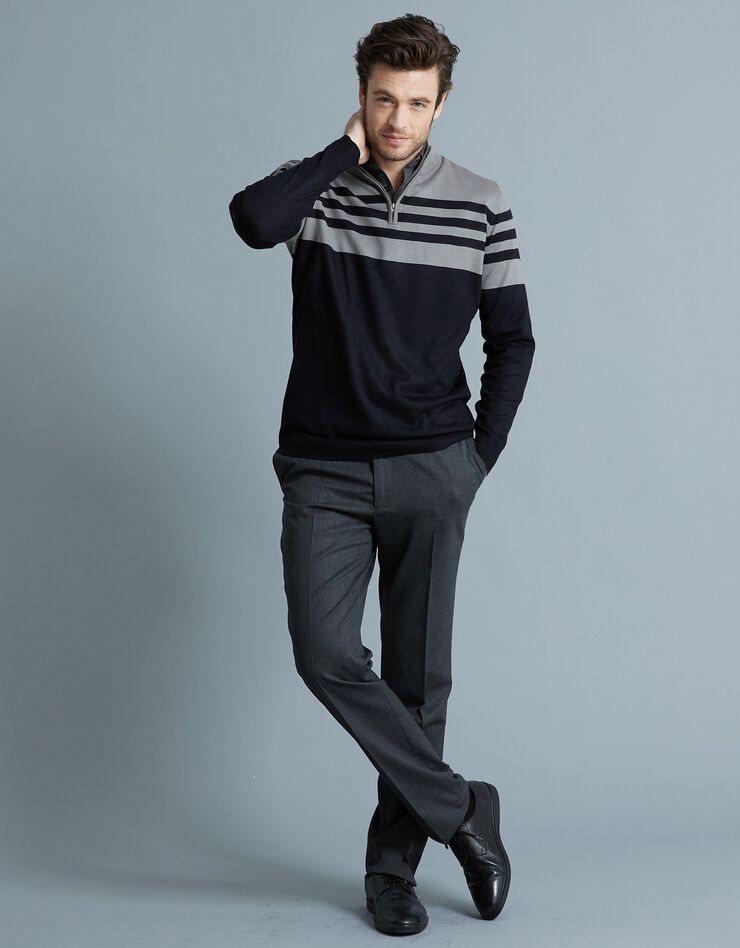 Pull rayé col montant zippé toucher cachemire (noir / gris chiné) Pull rayé col montant zippé toucher cachemire (noir / gris chiné)