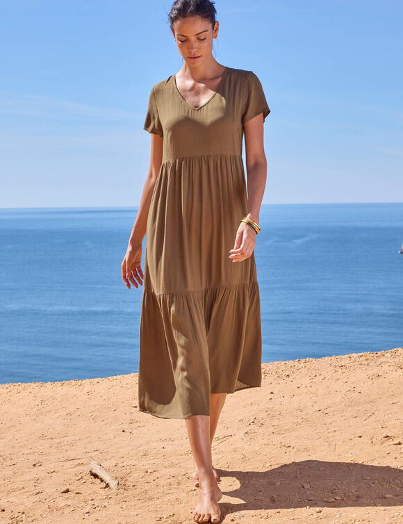 Robe col V longue unie, cr&eacute;pon (vert olive)