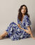 Robe longue volantée imprimée, manches courtes (bleu)