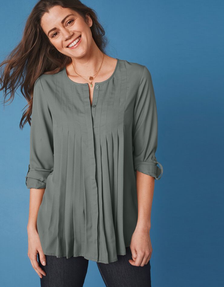 Blouse boutonnée à plis évasée unie, crêpe (bronze) Blouse boutonnée à plis évasée unie, crêpe (bronze)