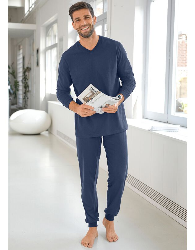 Pyjama uni col V coton - lot de 2 (gris + marine) Pyjama uni col V coton - lot de 2 (gris + marine)