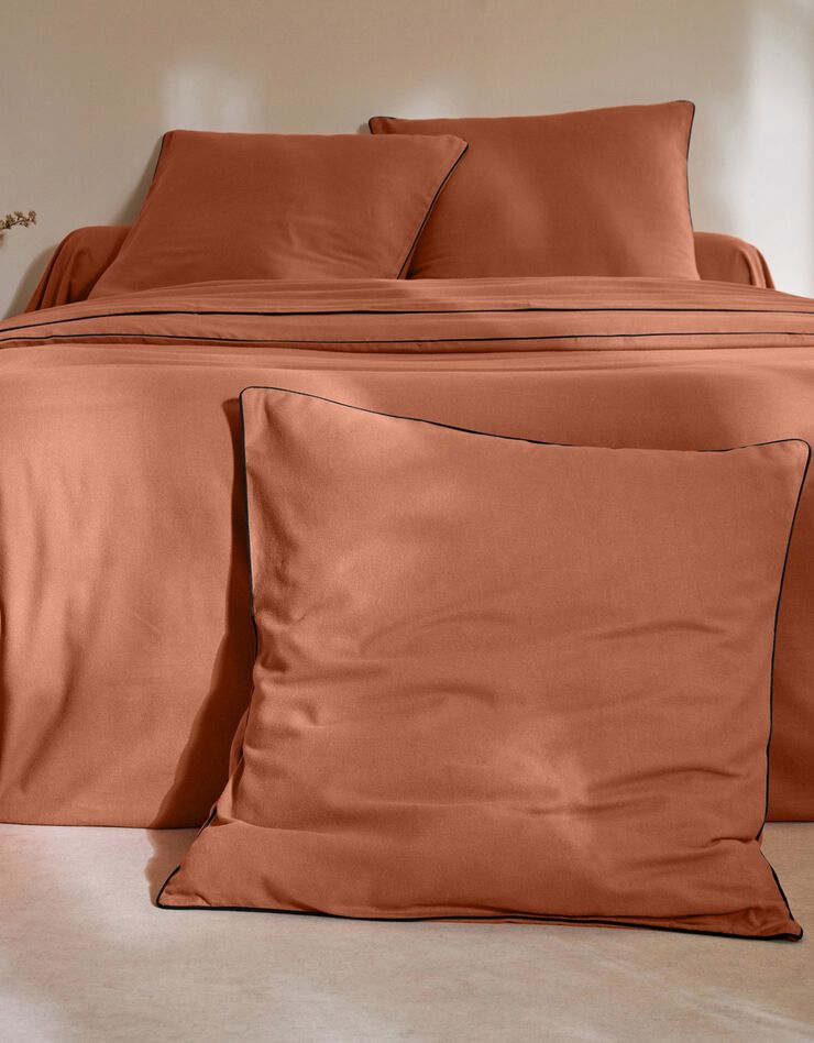 Linge de lit uni flanelle passepoil contrasté, collection "Intemporelle" (tomette)