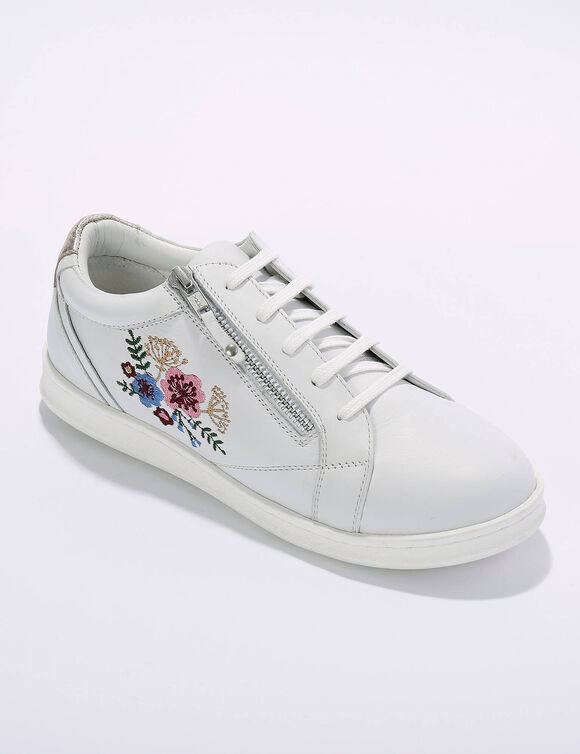  Baskets zippées en cuir brodées fleurs (blanc)