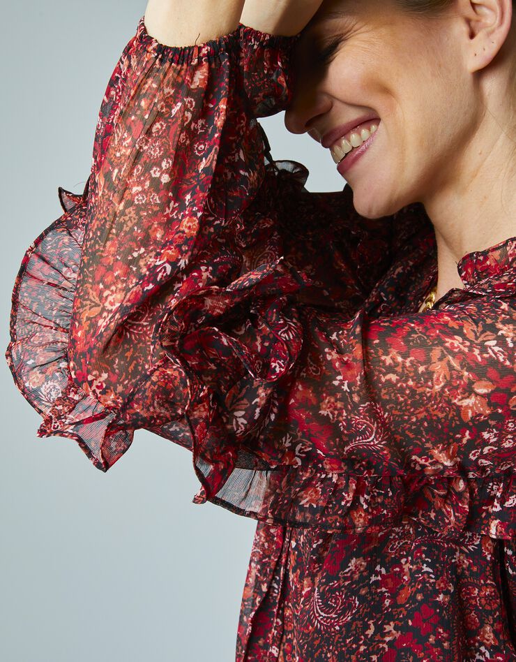 Blouse fleurie automnale en voile volanté (noir / terracotta) Blouse fleurie automnale en voile volanté (noir / terracotta)