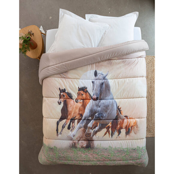 Couette microfibre impression photo chevaux 400g/m2 (beige / marron)