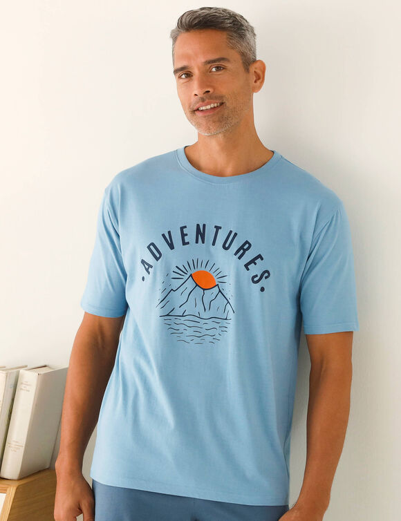 T-shirt pyjama imprimé placé manches courtes coton  (bleu)