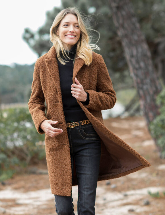 Manteau maille bouclette col tailleur (caramel)