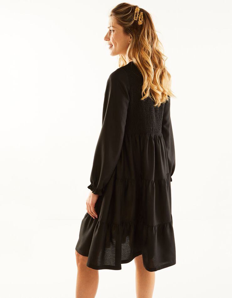 Robe smockée manches longues unie (noir)