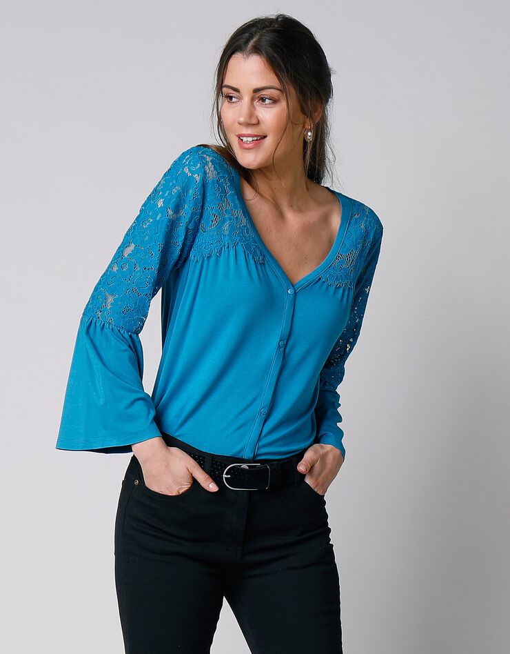Tee-shirt boutonné manches 3/4 dentelle (bleu prusse) Tee-shirt boutonné manches 3/4 dentelle (bleu prusse)