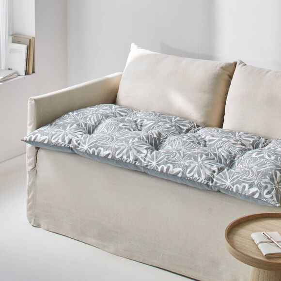 Long coussin d&eacute;co imprim&eacute; feuillage (gris perle)
