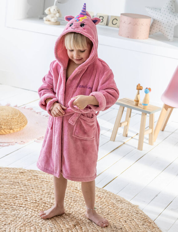 Peignoir de bain enfant à capuche licorne personnalisable microfibre (rose)