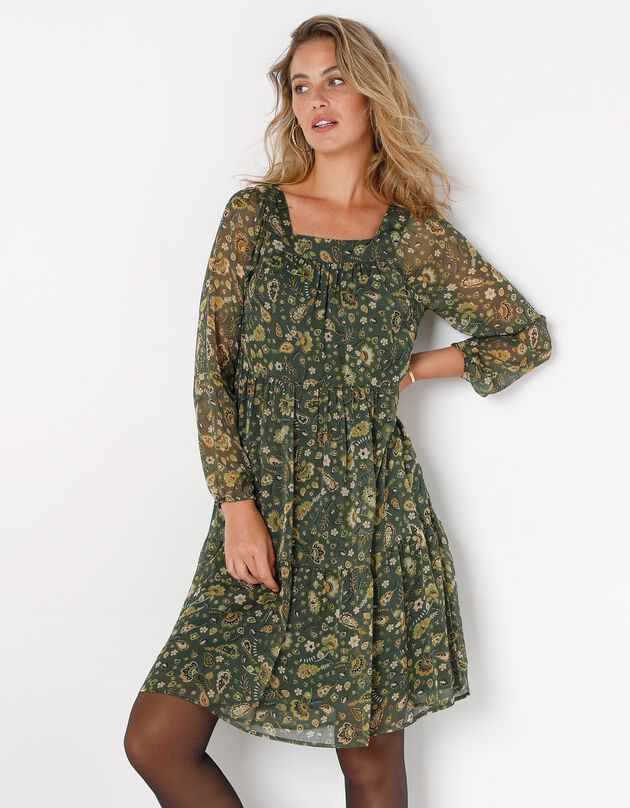 Robe évasée imprimée col carré (kaki / olive)