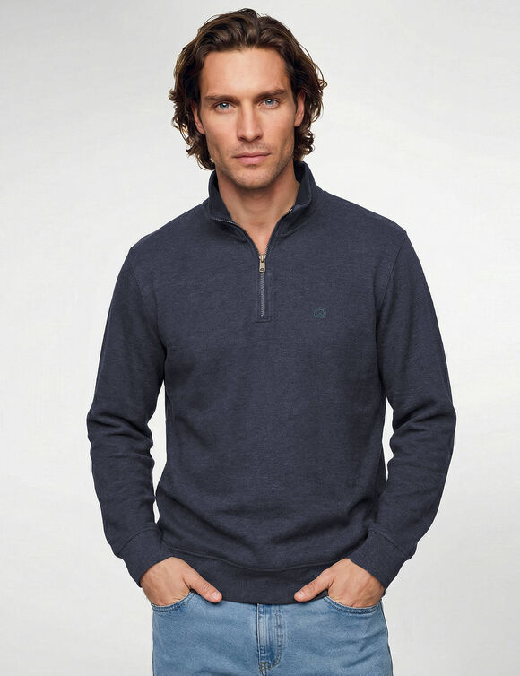 Sweat chaud col montant zipp&eacute; maille c&ocirc;tel&eacute;e (marine)