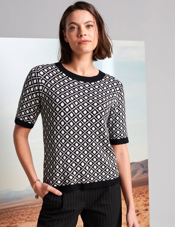 Pull manches courtes, motif graphique jacquard (noir / écru)