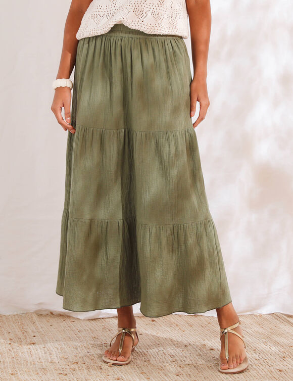 Jupon long &agrave; volants, gaze de coton (kaki)