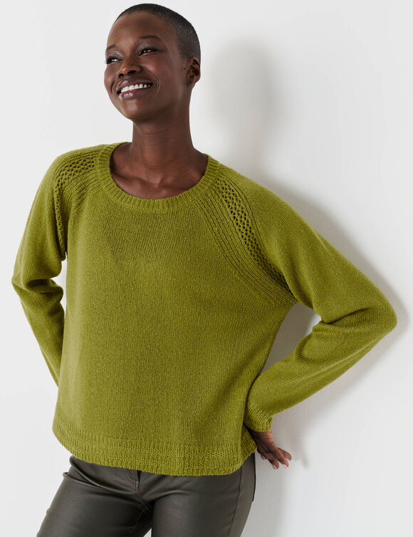 Pull col rond, maille fantaisie toucher doux (vert olive)