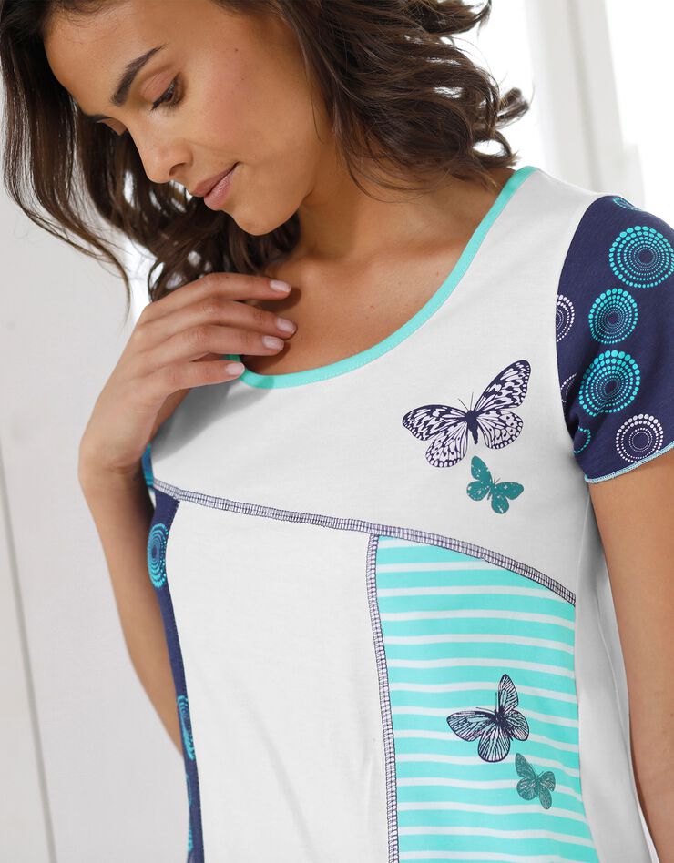 Chemise de nuit imprimée papillons rayures - manches courtes (blanc / marine)