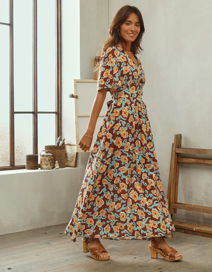 Robe fluide imprimée, collection "Odette Lepeltier" (chocolat / safran)