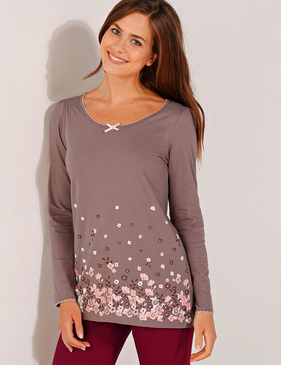 T-shirt imprimé fleurs - manches longues (taupe)