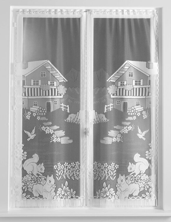 Vitrage droit motif &eacute;cureuils - paire (blanc)