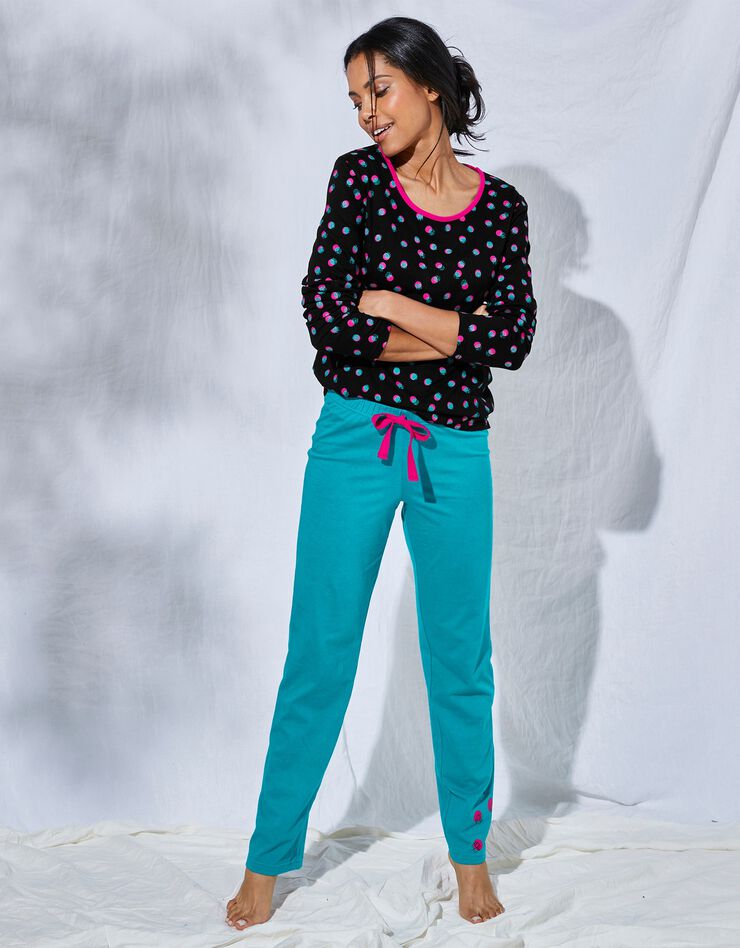 Tee-shirt manches longues coton Enjoy imprimé pois (noir / fuchsia)