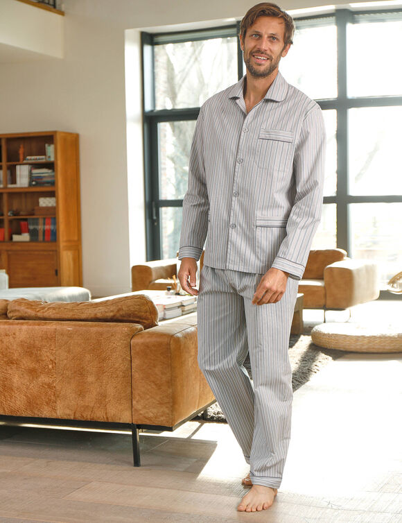Pyjama rayures popeline coton (gris)