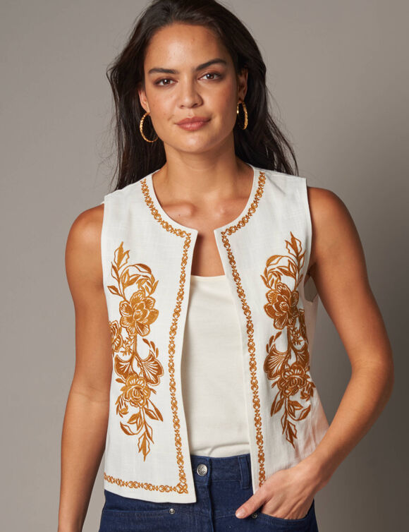 Veste brod&eacute;e sans manches (&eacute;cru)