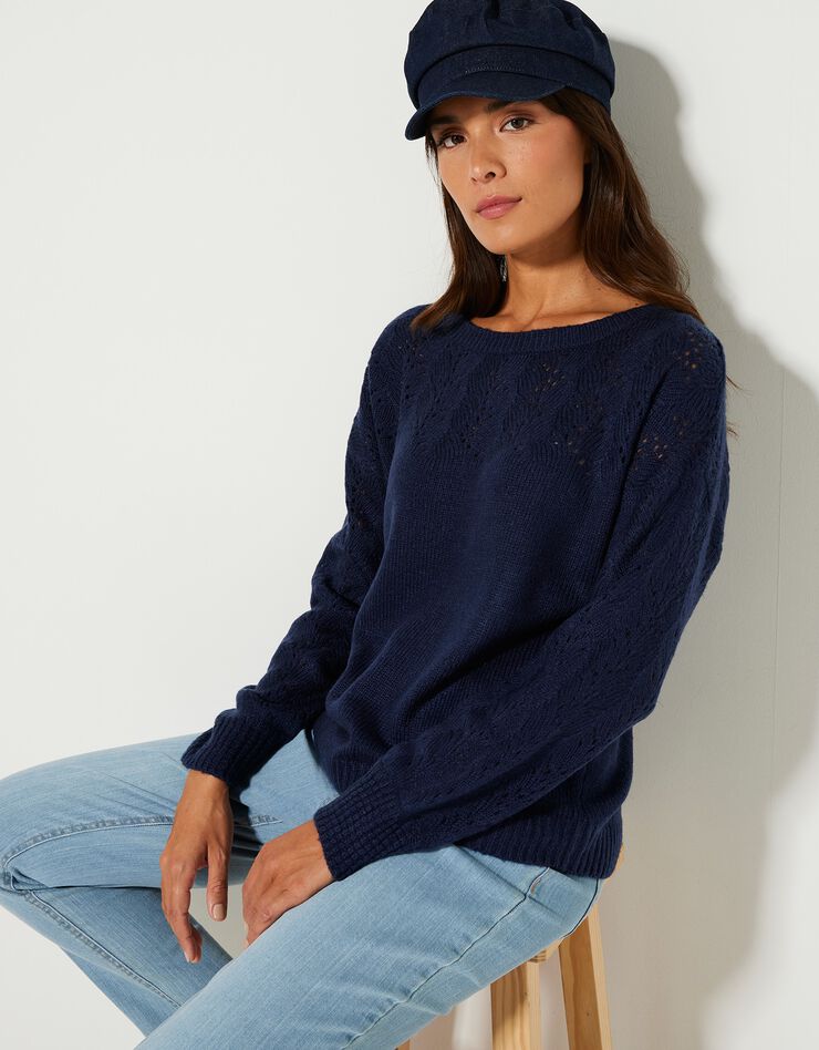 Pull manches longues blousantes, maille ajourée toucher mohair (marine) Pull manches longues blousantes, maille ajourée toucher mohair (marine)