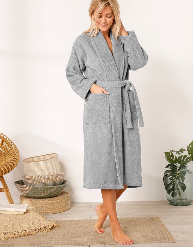 Peignoir mixte adulte éponge bouclette col châle personnalisable (gris) Peignoir mixte adulte éponge bouclette col châle personnalisable (gris)