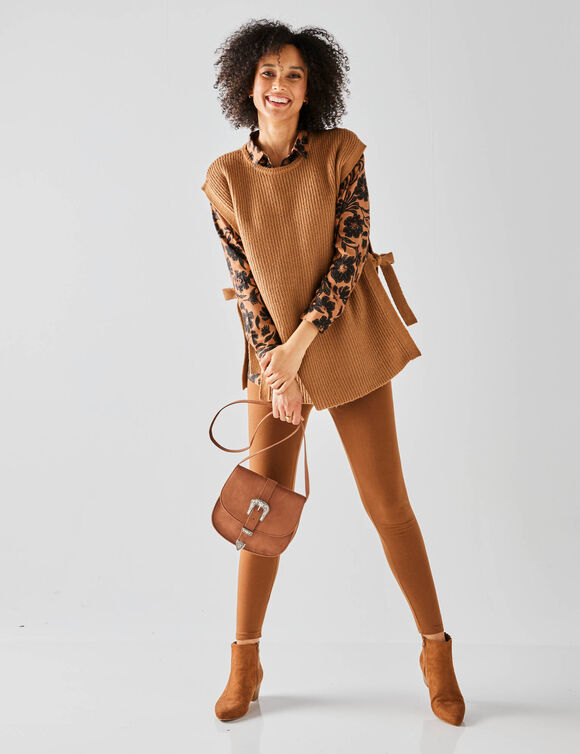 Pull tunique sans manches, maille anglaise toucher doux (caramel)