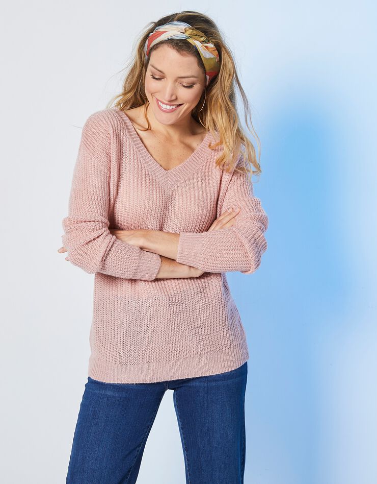 Pull col V forme loose maille anglaise (rose poudré)