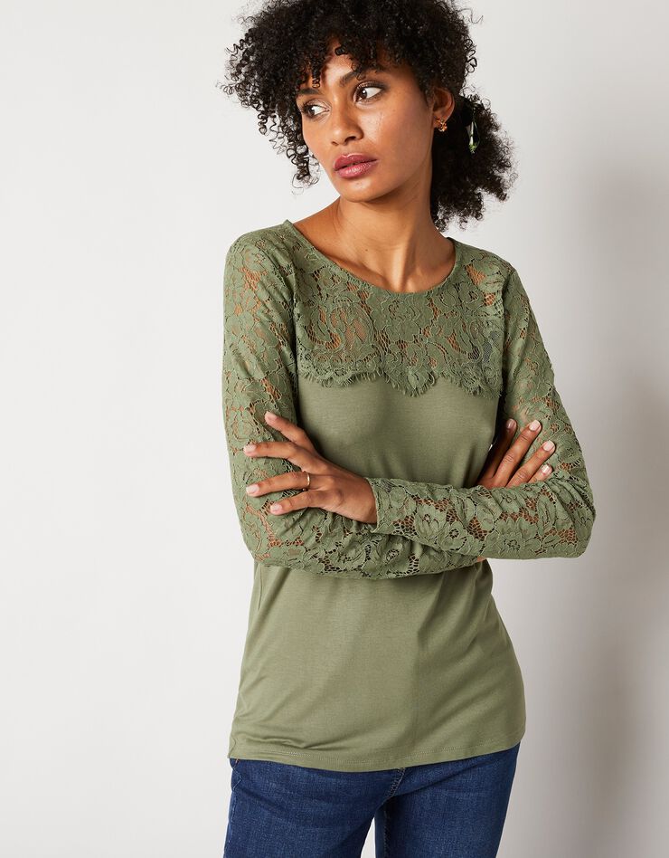Tee-shirt col rond manches longues, dentelle jersey (bronze) Tee-shirt col rond manches longues, dentelle jersey (bronze)