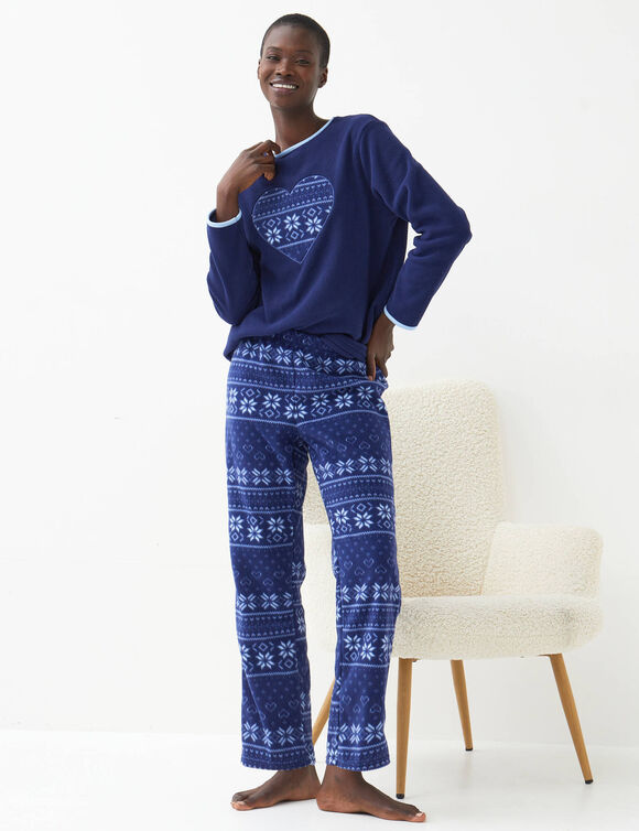 Pyjama pantalon imprim&eacute; coeur, maille polaire (marine / bleu)
